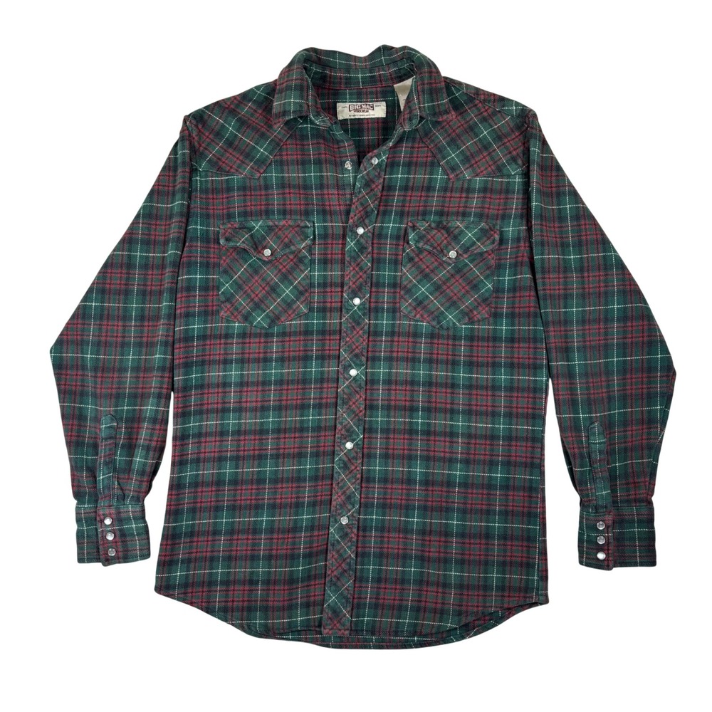 Big Mac Workwear Mens Green Red Plaid Flannel Western Pearl Snap Shirt MT/ML